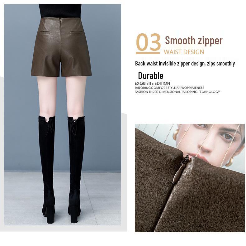 New Women's High-Waist Leather Bootcut Shorts - 2025 Autumn/Winter Sheepskin Outerwear