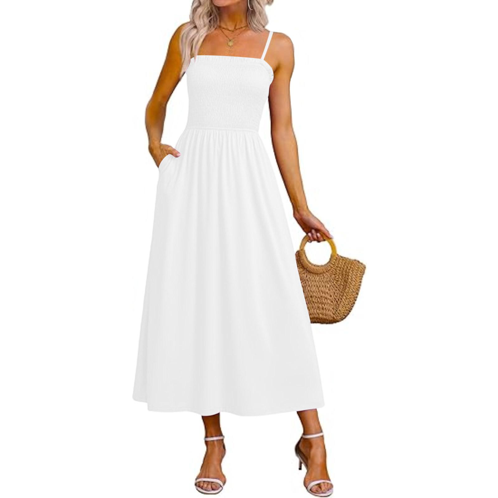 

Women s Casual Sleeveless Maxi Dress with Pockets Summer Beach Dress Adjustable Straps Lightweight Comfortable Fit XL білий