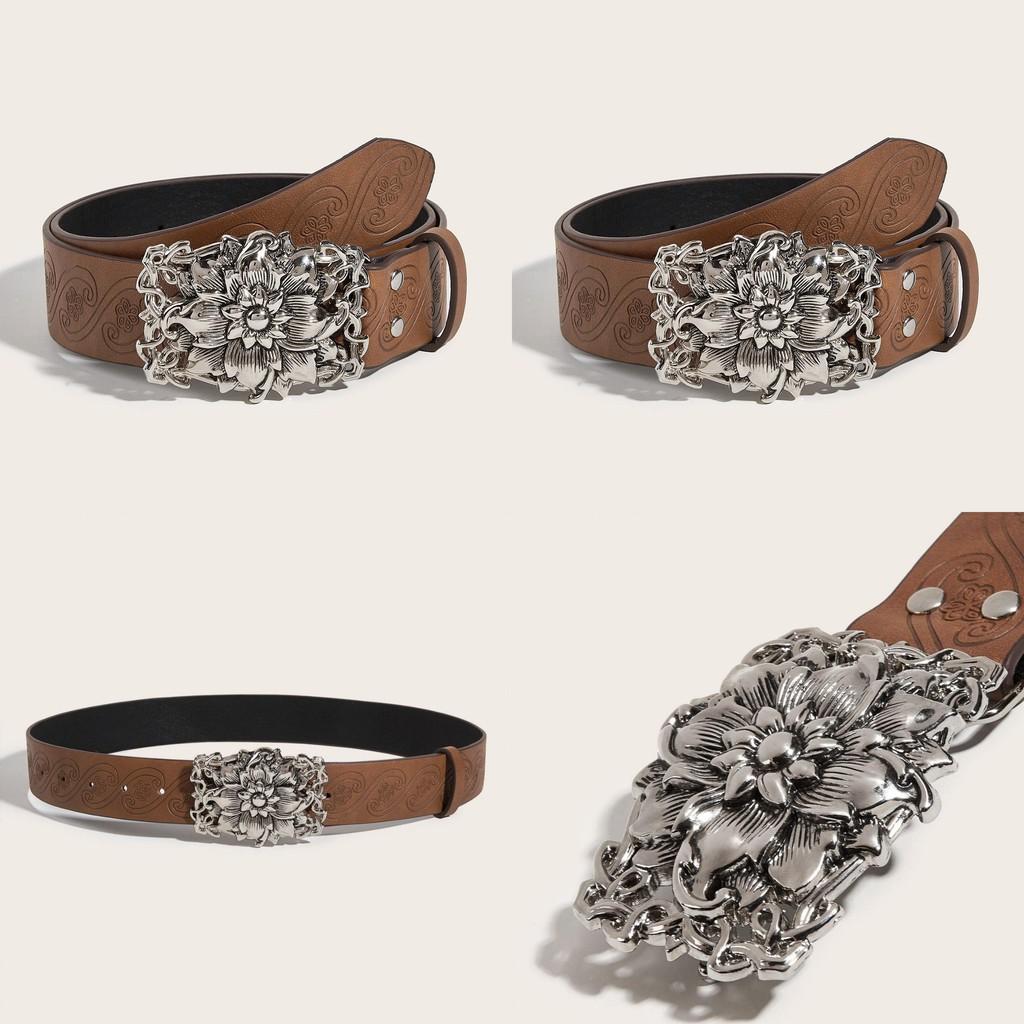 Flower Print Belt Pattern Hollow Metal Buckle Fashion Accessories Clothing