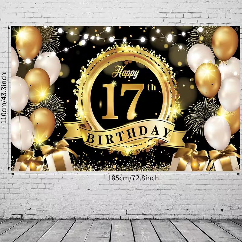 2D Black Gold 17th Birthday Backdrop, Party Photo Background 47.2x31.5inch/120*80cm