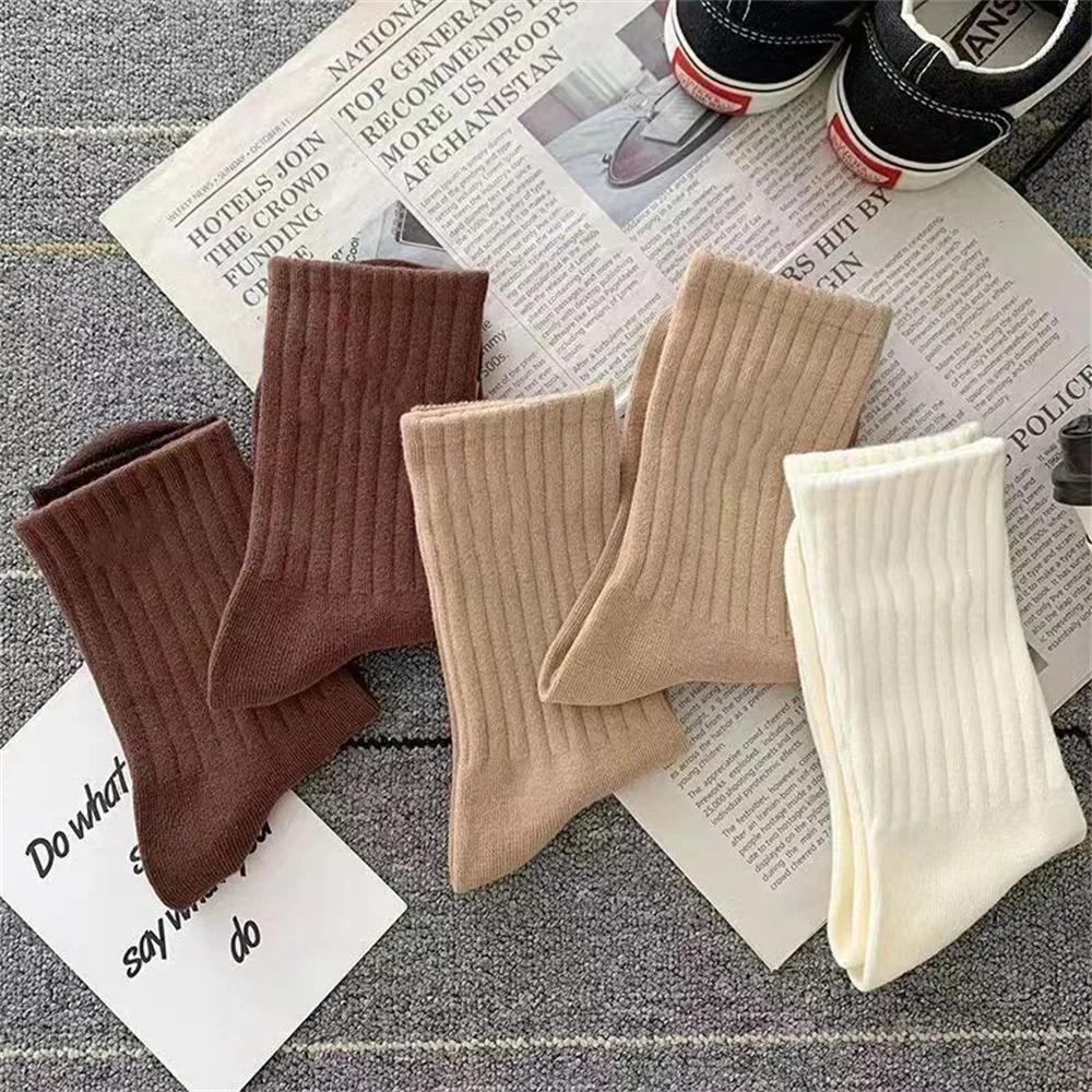 

5 пар носков средней длины из полиэстера и хлопка для женщин, набор, японская мода, однотонные носки с вертикальными полосками для девочек One Size