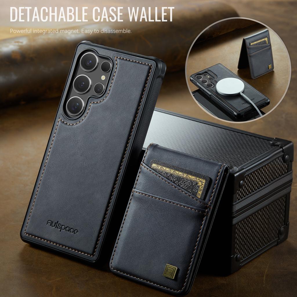 For Samsung Galaxy S24 Ultra Case AUTSPACE A12 Leather Back Cover with Magnetic Detachable Card Bag Kickstand