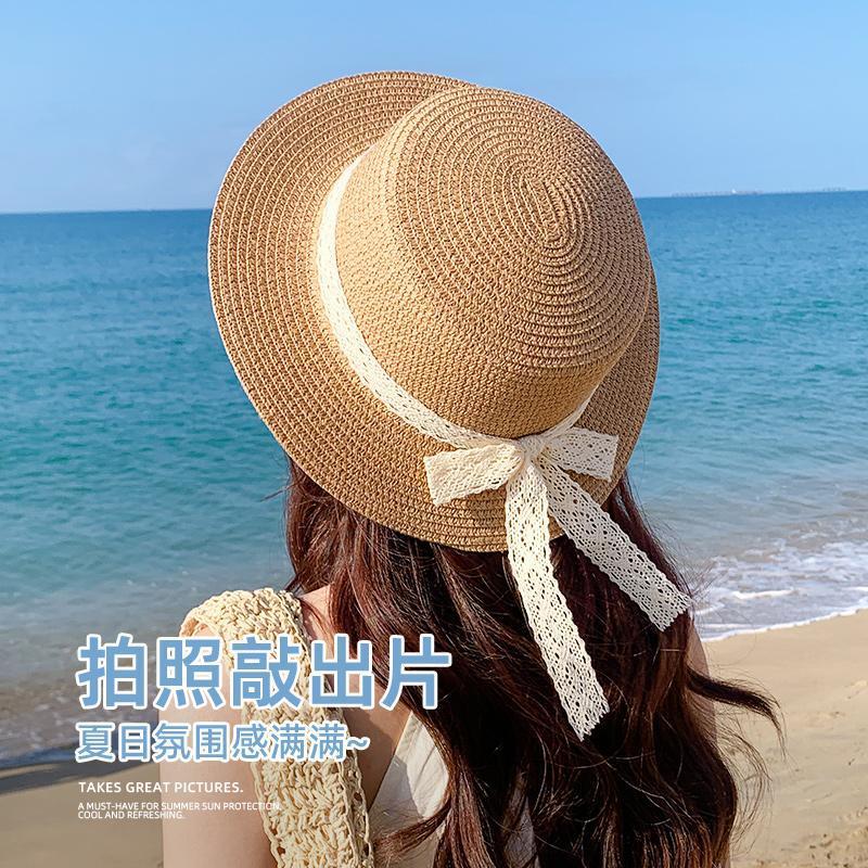 French-style flat-top sun hat for women, summer sun protection hat, beach hat, seaside vacation photo sun hat
