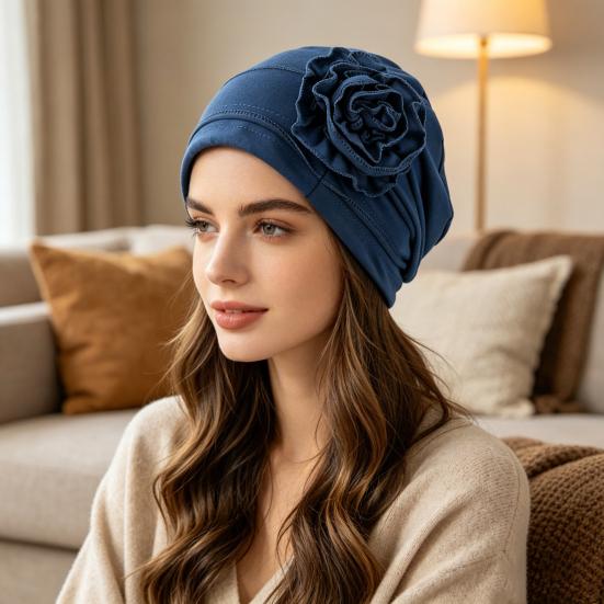 Turban Hat for Women, Side Flower Decor Head Wrap, Pure Color High Elasticity Turban Cap for Sensitive Scalp Postpartum Care Sleep