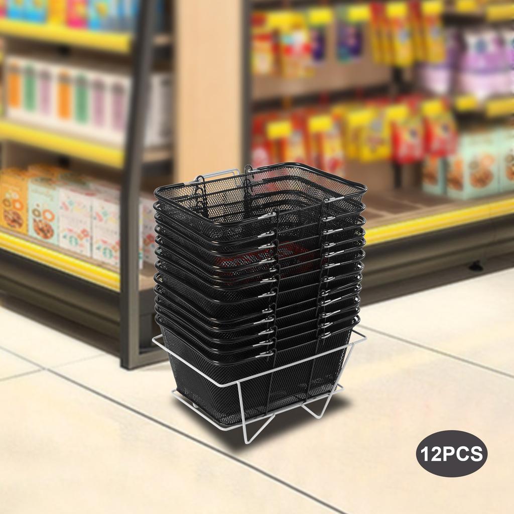 12PCS Black Metal Shopping Baskets with Handles, Mesh Storage Baskets, Portable Retail Store Baskets, Commercial Shopping Cart