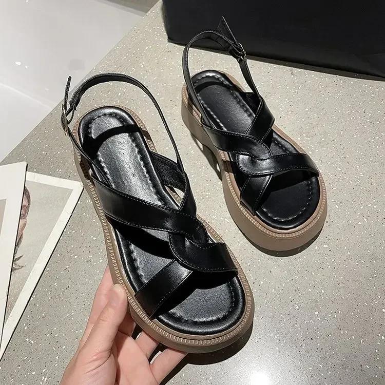 

New Woman s Sandals Summer Flat Shoes for Women Holidays Platform Retro Sandals Ladies Shoes 2024 Sandalias Mujer Heels Women 40 чёрный