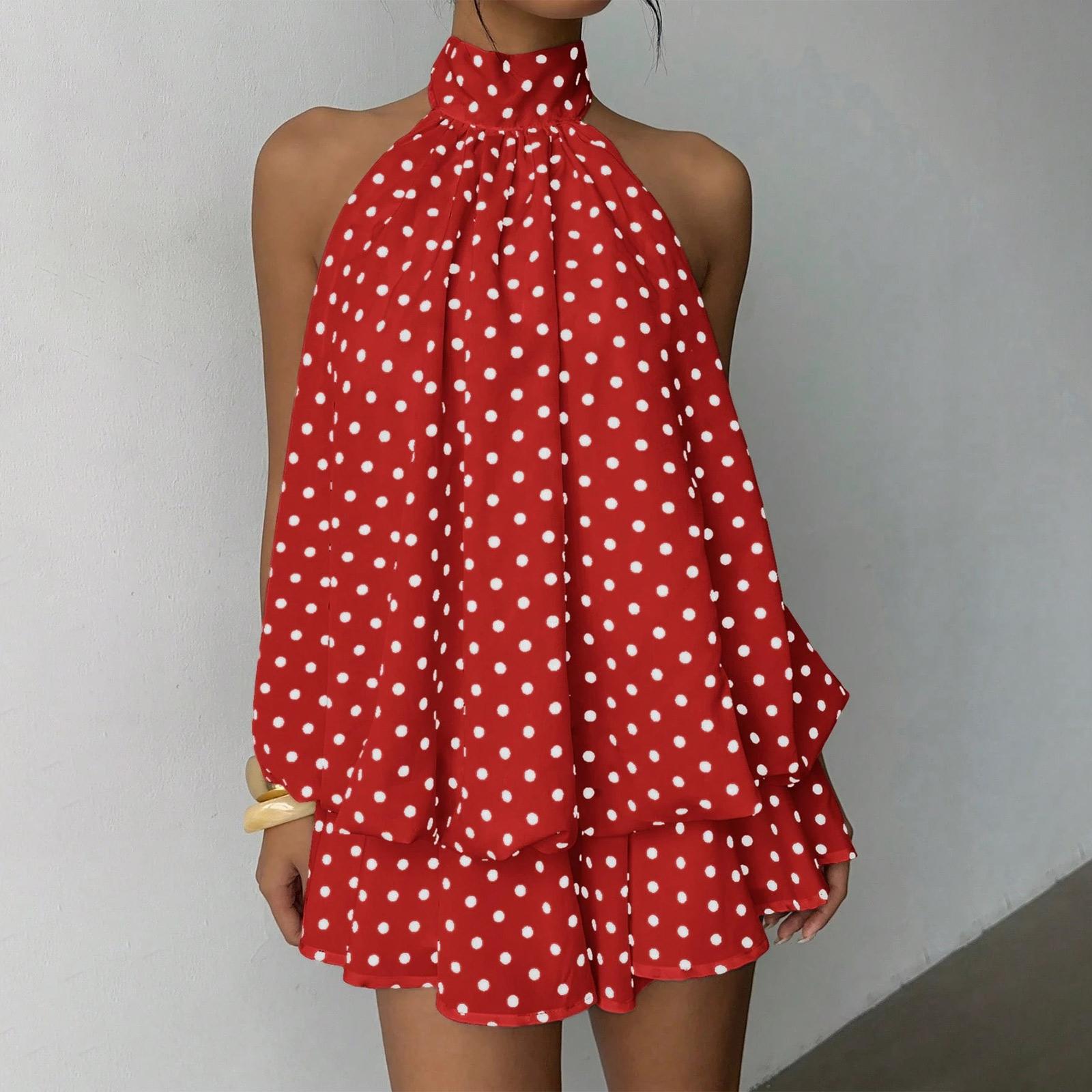 Women’s Neck Irregular Hem Polka Dot Sleeveless Backless Mini Dress Loose Fit Layered Skirt Design for Summer Wear M