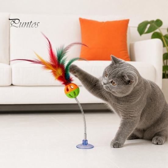 Cat Bell Ball Funny Stick with Suction Cup, Spring Rod Interactive Feather Toy Attention Grabber Bell, Colorful Teaser for Indoor Cats And Kittens