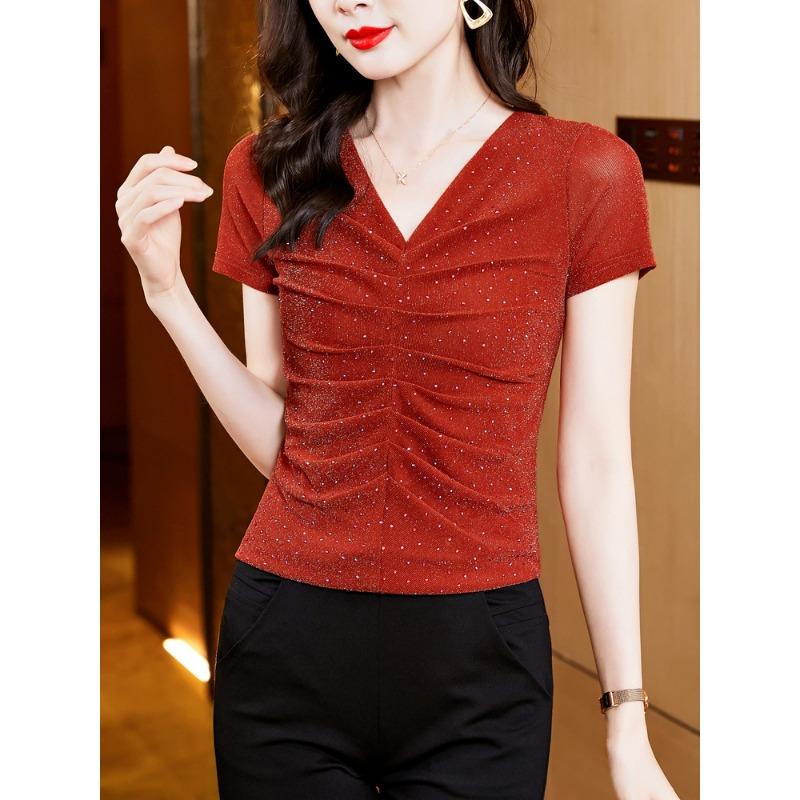 New Summer Style Versatile V-neck Pleated Mesh Slim Fit and Slim Hot Diamond Mesh Short-sleeved T-shirt Top for Women