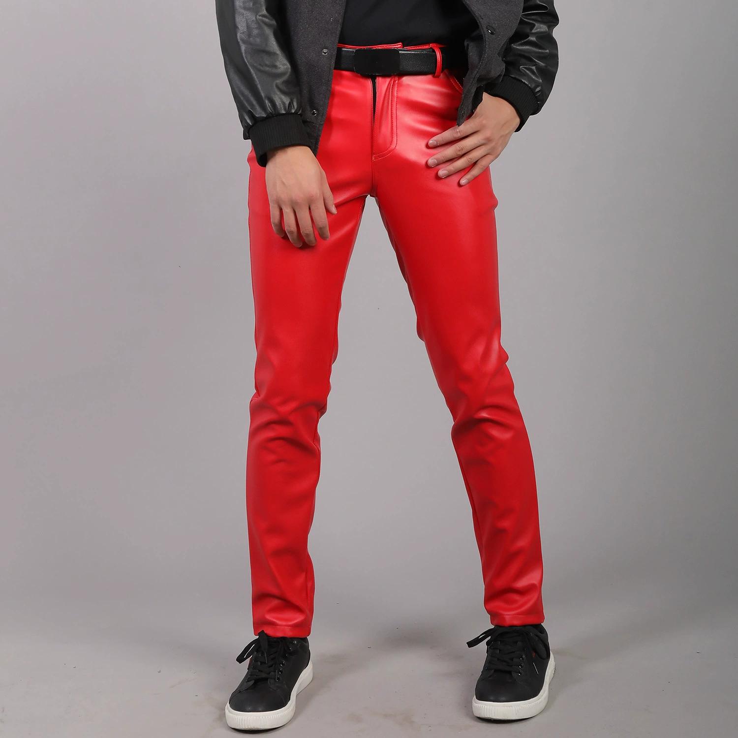 Ladie KAKA Heren Gothic Broek Lente en Herfst Waterdicht Recht Elastisch Comfortabel Casual Stretch Slim Mode PU Leer Broek 30 rood