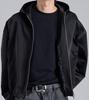 Button Seoul Glossy Texture Two-Way Banded Ribbed Hooded Blouson (Black)