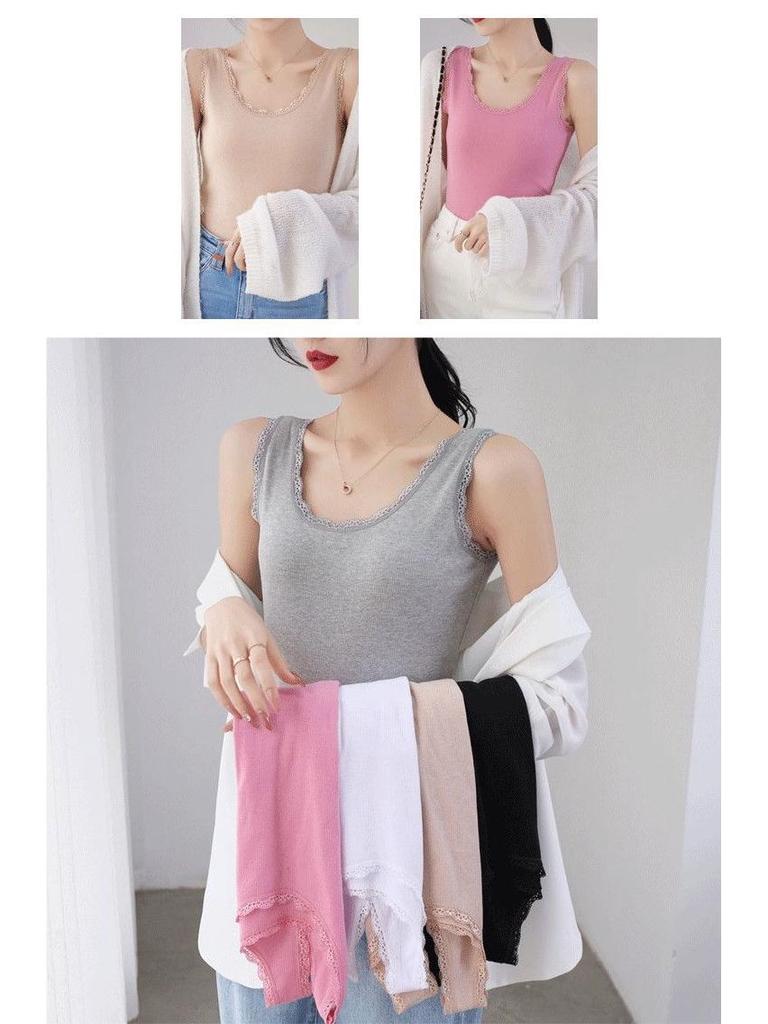 Spring & Summer Women's Lace Ribbed Cotton Tank: Slimming Plus-Size Sleeveless Round Neck Base Layer