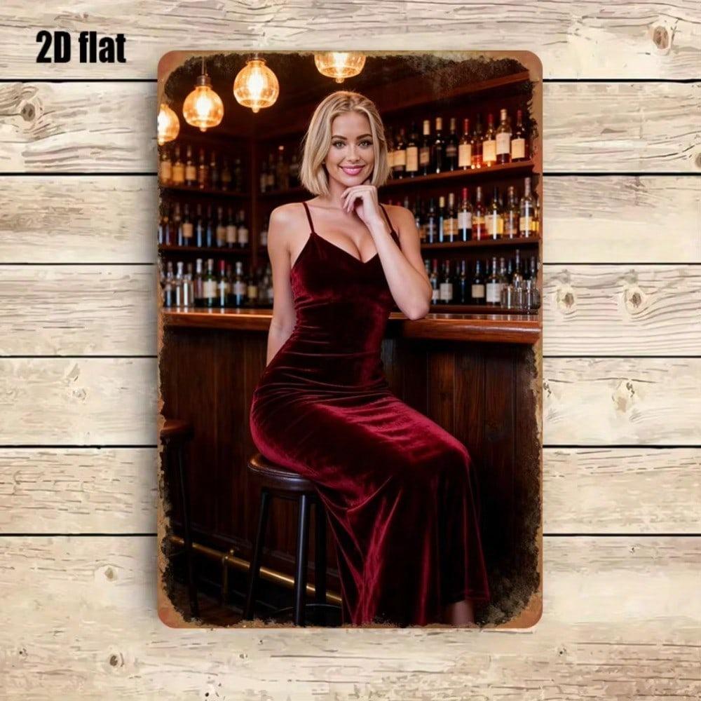 Vintage Metal Poster Woman Wine Bottle Retro Bar Wall Decor 8x12 Inch