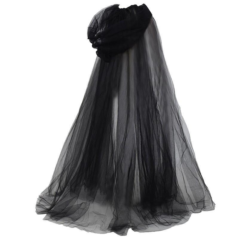 Medieval Gothic Mesh Hooded Cloak Long Black White Tulle Witch Cape Unisex Halloween Vampire Death Cosplay 150cm Robe Costume