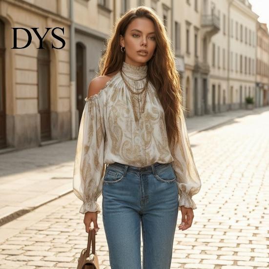 Skin Friendly Shirts Women Fall Cold Shoulder Shirt, Vintage Ethnic Print High Casual Blouses Collar Blouse, Ruffle Lantern Sleeve Top Autumn