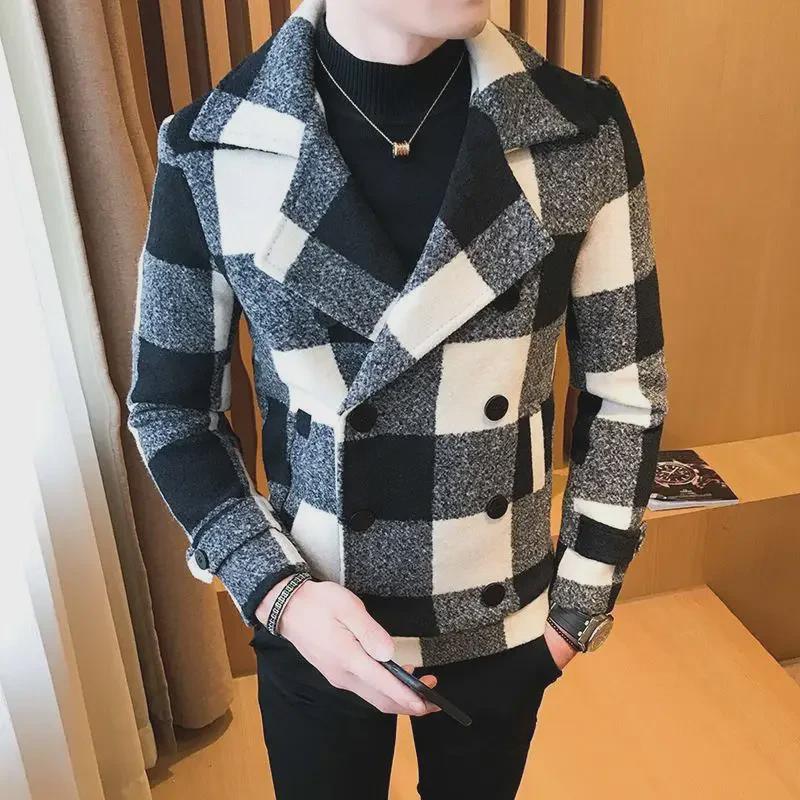 Men's Slim Double-Breasted Plaid Wool Trench Coat – Stylish Korean Suit Collar