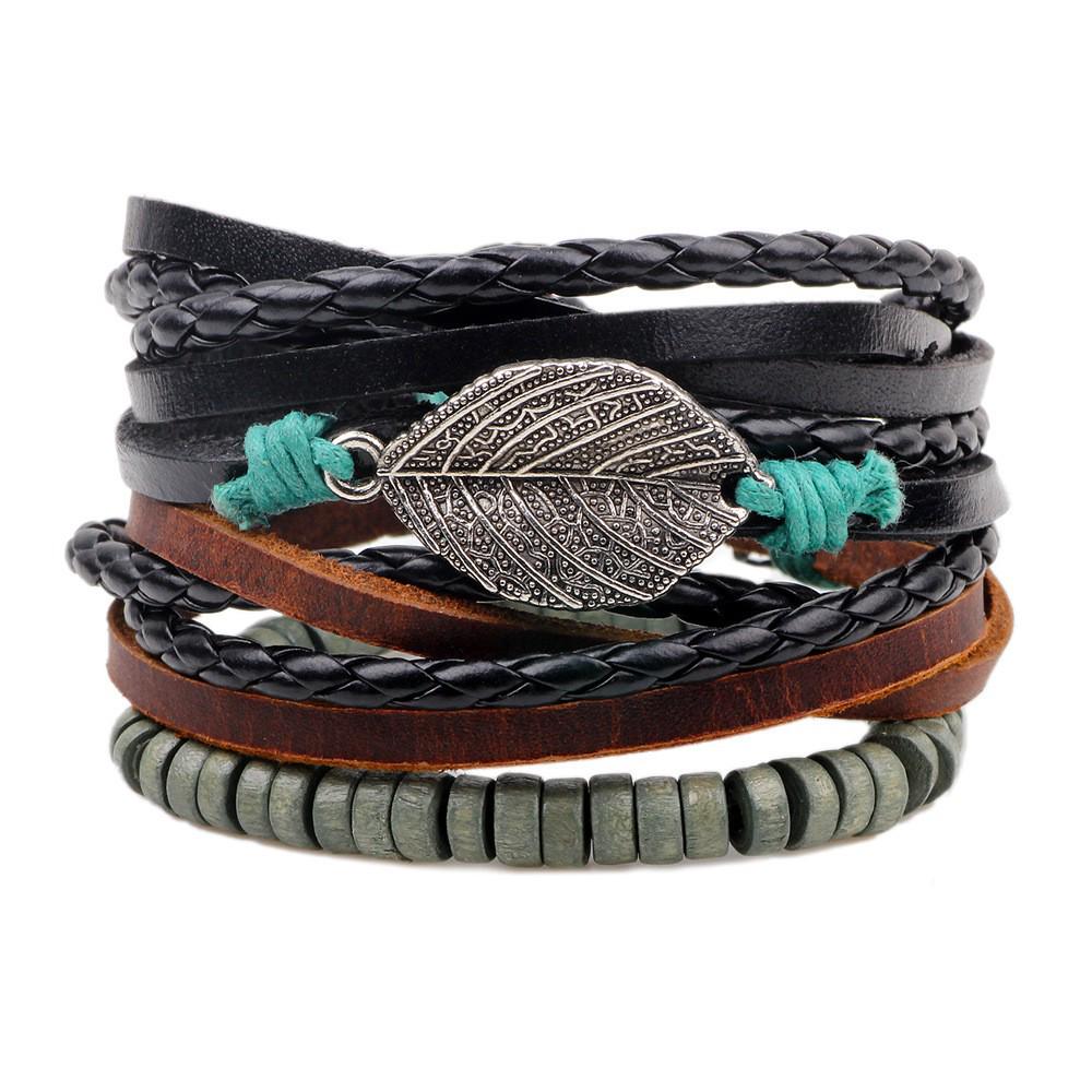 Men's Retro Multi-Strand Cowhide Anchor Bracelet Set with Wood Beads