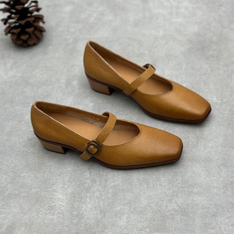 Johnature Echtes Leder Dicke Absätze Retro Damen Pumps Retro Eckige Zehenpartie Mary Jane Absatzschuhe