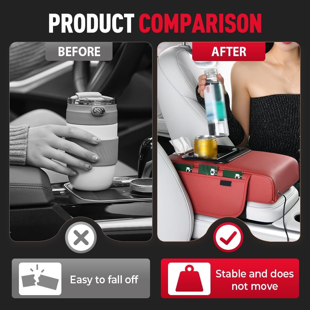 Multifunctional PU Leather Car Armrest Box Mat, 2026 New Universal Car Armrest, Durable Center Console Organizer for Family Travel, Portable Cars