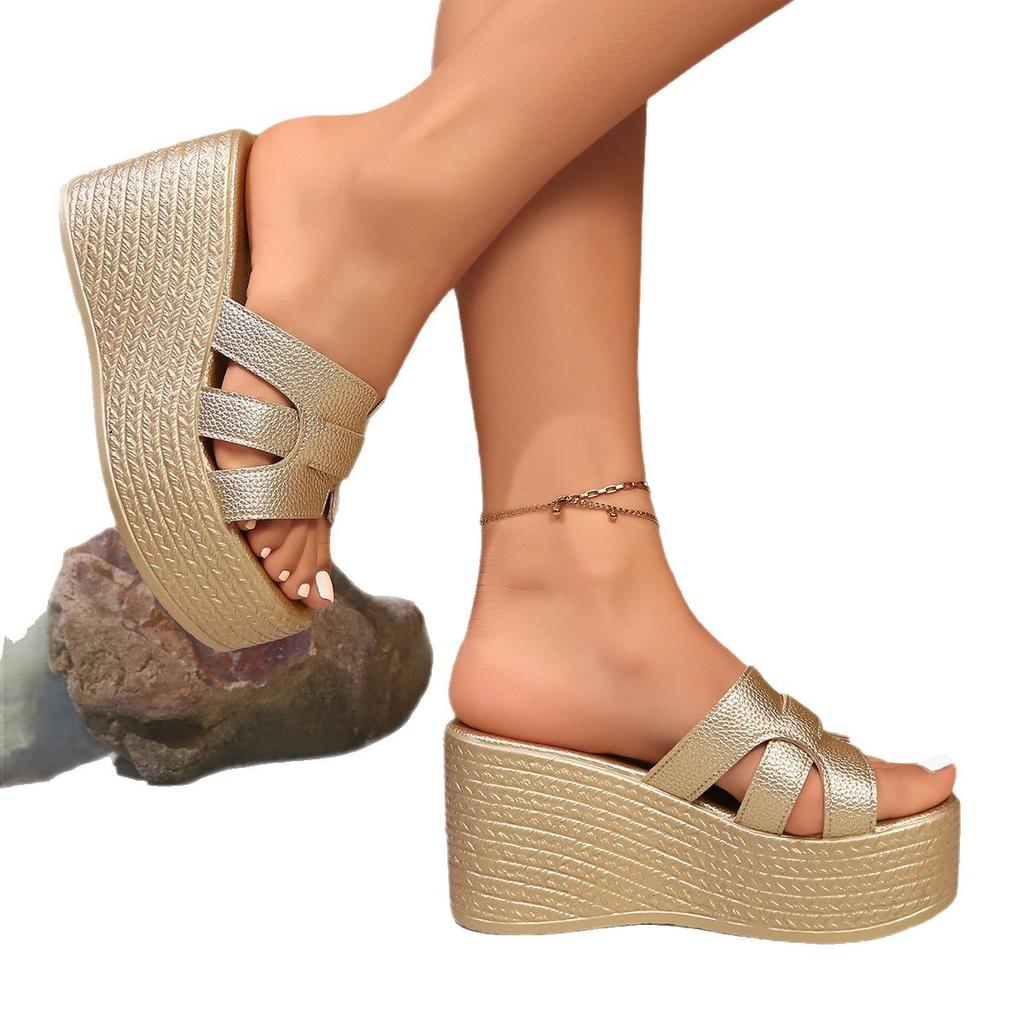 Waterproof table with wedge heel cool slippers Women's versatile outer wear high-heeled open-toed slippers