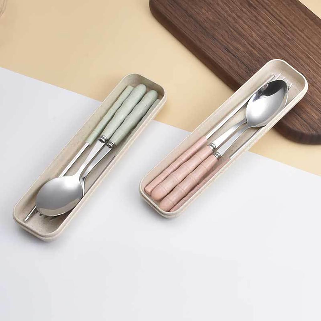 2-in-1 Edelstahl Löffel Essstäbchen Set Reiseset mit Plastikbehälter