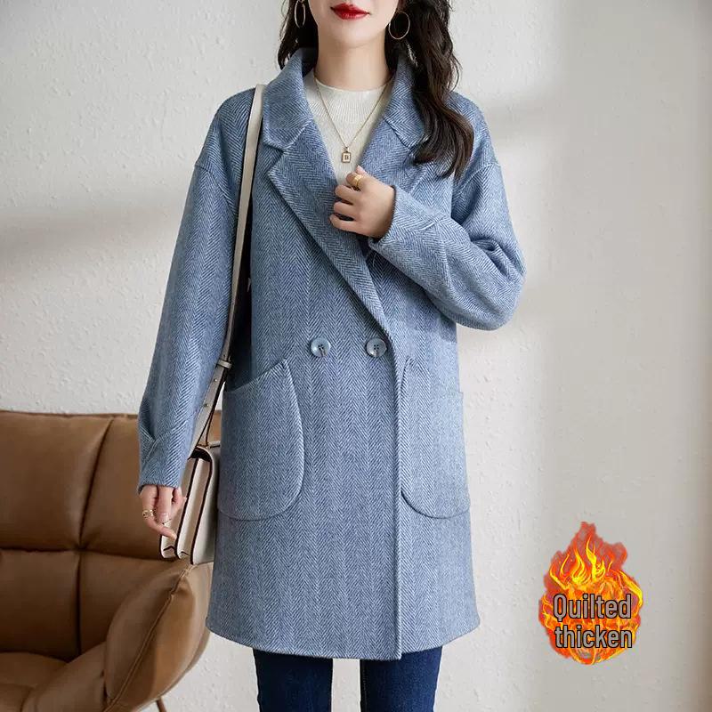 Palton de lână cu model herringbone pentru femei, cu guler de costum, stil coreean, mediu-lung, îngroșat, pentru toamna/iarna 2023.