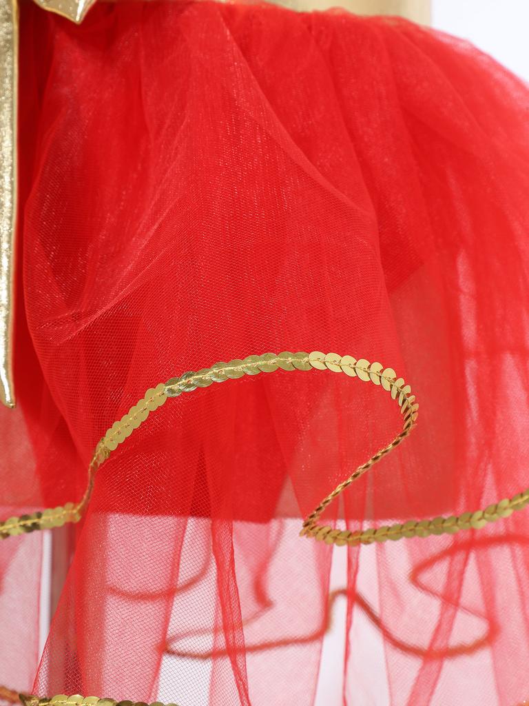 Girls Christmas Dance Dress Double Spaghetti Straps Sleeveless Shiny Sequins Bow Cami Leotard Bodysuit