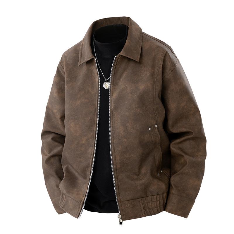 Men's Fashion Spring Autumn New American Retro Lapel Youth PU Leather Jacket Feeling Handsome Top Casual