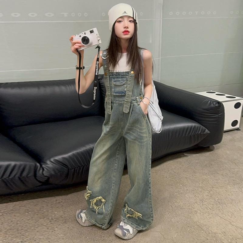 Girls' Overalls Summer Children's Jeans Fashionable and Versatile Mid Size Kids Pants Pocket Splicing Street Style Trousers