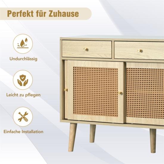 Mobile Organizzatore ad Ampio Spazio, Credenza, Cassettiera con 3 e Ante Scorrevoli, Intreccio in Rattan sulle Ante, Gambe in Legno Massello,