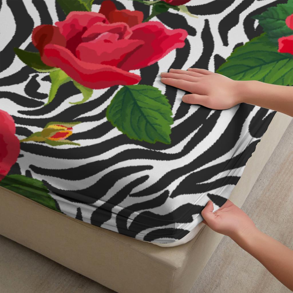 3pcs Fitted Sheet Set Zebra Stripes With Red Roses Easy Care Durable Bed Sheet With Pillowcases For Bedroom Decor