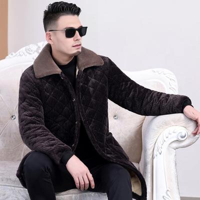 Yousheng Men Coat Lapel Long Sleeve Single Breasted Jacket with Pockets Solid Color Thickened Velvet Lining Winter Jacket
