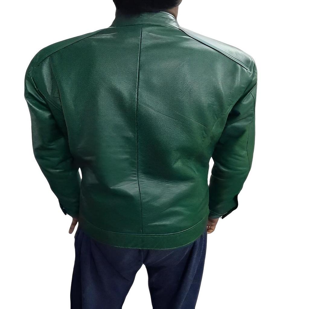 NOORA Men's Dark GREEN Leather Jacket | Slim Fit Real Biker Leather Jacket | Stylish Outwear Band COLLARED Jacket With Multi Zipper Pocket |
