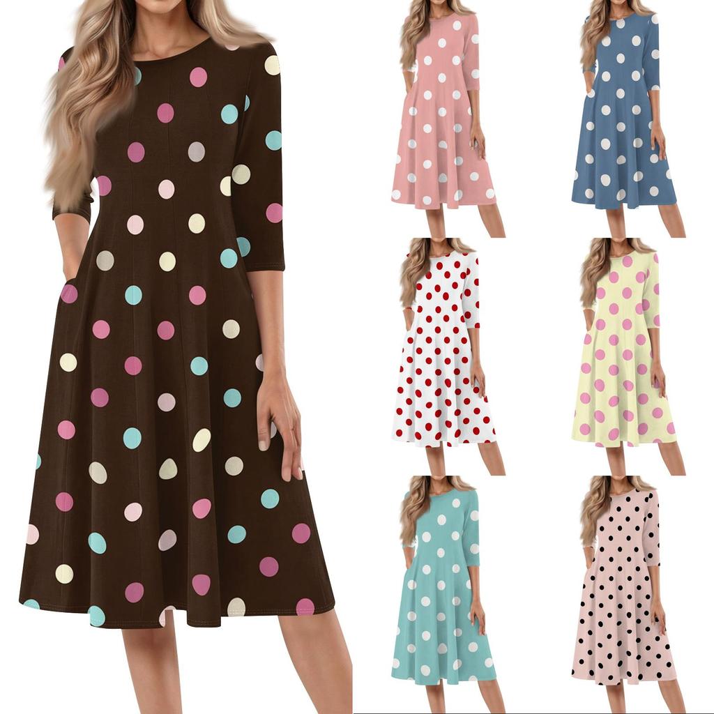 Women's Casual Fashion Round Neck Three Quarter Sleeve Polka Dot Print Mid Length Dress Comfortable Fit Flared Hem Daily Wear