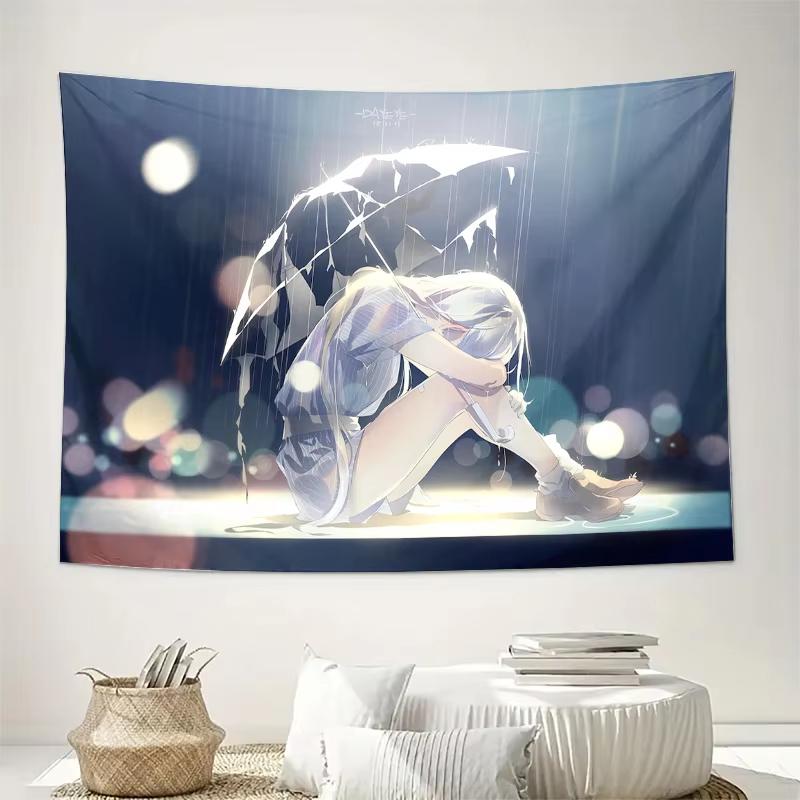 Broken Umbrella Anime Girl Tapestry, Rainy Night Bokeh Light Japanese Art, Machine Washable Wall Hanging For Living Room