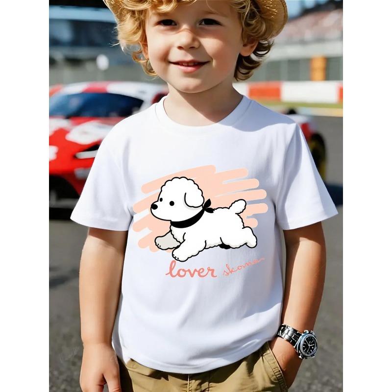 European sizes Boys' Short-Sleeve T-Shirt with Cute Puppy Print - Soft Round Neck Summer Top, Casual Casual Attire Suitable for Home, Outdoor & Sports