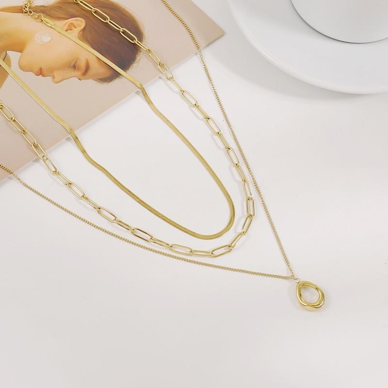 Women Layered Geometric Oval Pendant Stainless Steel Clavicle Necklace