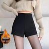 Women's Winter 2024 Fleece-Lined High Waist Black Booty Shorts, Plus Size, Slimming Lace-Up A-line Casual Hot Pants