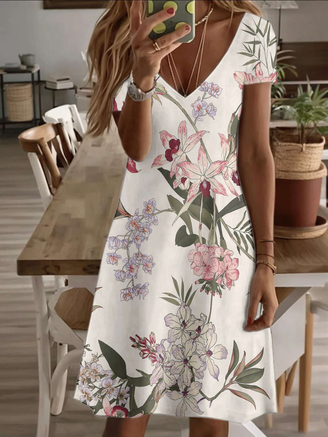 

Vneck shortsleeve midi dress orchid floral print 3D premium print durable and stylish casual summer outfit elegant garden flower pattern breathable so L дубильная кора