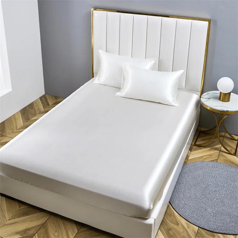 High-end Satin Queen Fitted Sheet Silky King Size Bed Sheet with Elastic Band Bedsheet Mattress Protector Cover No Pillowcase