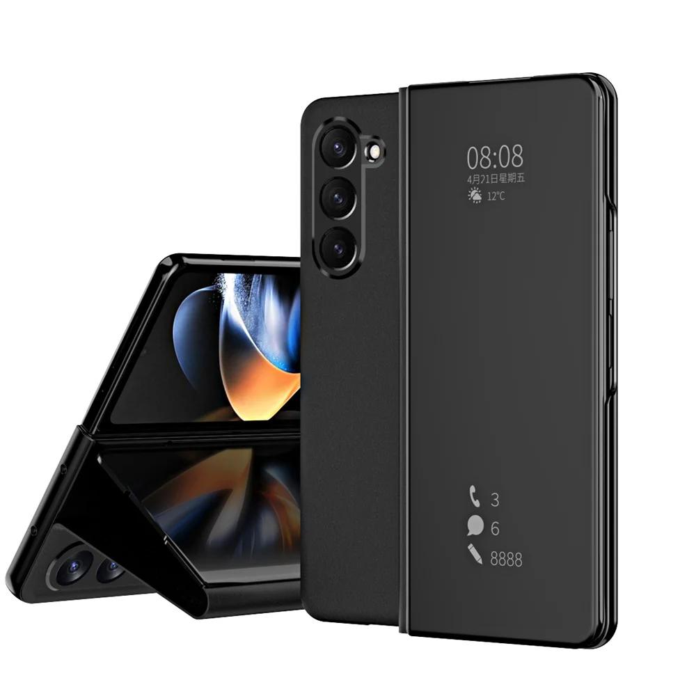Luxury Side Window Smart Dormancy Case for Samsung Galaxy Z Fold 7 6 5 4 3 Plating Mirror PU Leather Stand Cover for Z Fold 7