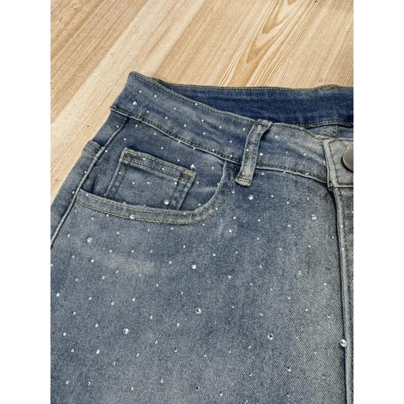 Shiny Rhinestone Jeans Pants Sexy Women High Waist Elegant Night Club Diamonds Denim Straight Trousers