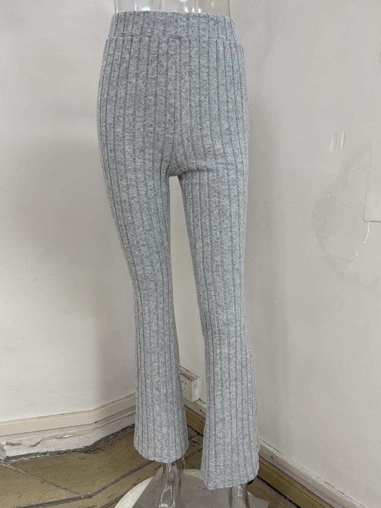 Damen einfarbiges geripptes Zweiteiler-Set: Reißverschluss-Cardigan-Top & High-Waist-Schlaghosen-Anzug für Herbst/Winter.