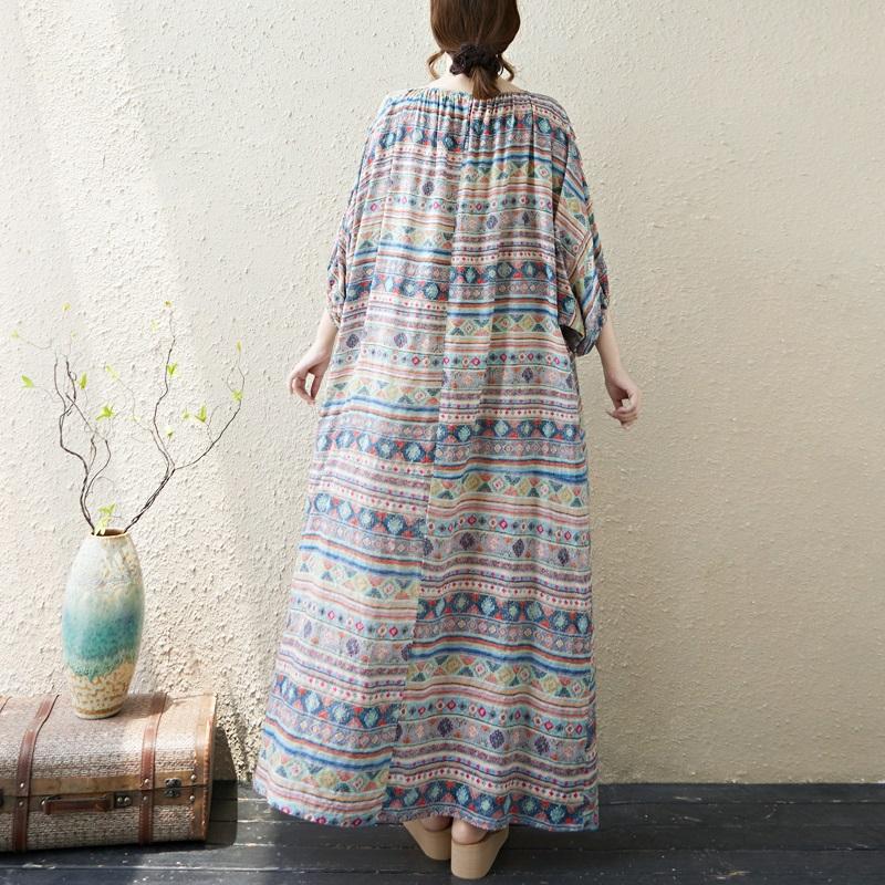 Krátký rukáv Plus size Bavlna vintage puntíkovaný květinový nový v šatech pro ženy ležérní volné maxi dlouhé letní šaty