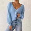 Women's Solid Color Button-Up Cardigan Deep V-Neck Short Loose-Fitting Jacket Casual Top