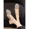 French Thick Heel Bag Head Slippers Fairy Shoes 2025 New Summer Square Head Rhinestone Mary Jane Shoes