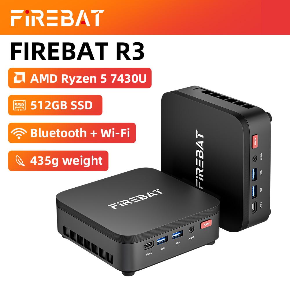 FIREBAT R3 Mini PC New AMD Ryzen 5 7430U 16GB LPDDR4 RAM 512GB SSD Wi-Fi 6 BT5.2 USB 3.0 Window11 Gaming Desktop Mini Computer