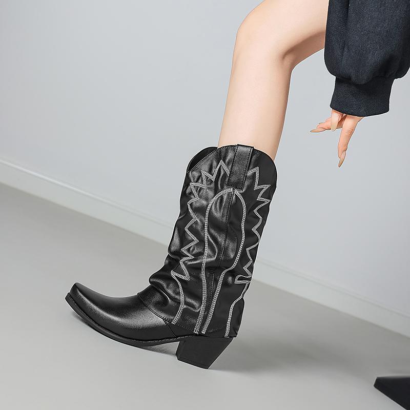 Women's Fold Over Wide Calf Cowboy Boots Embroidery Cowgirl Western Booties Mid Calf Pull On Comfortable Chunky Heels Shoes