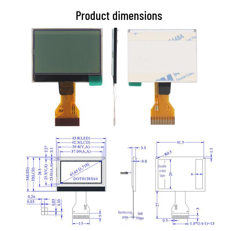 LCD 1.7" Small Display: 128x64 Dot Matrix Screen, Multiple Colors, Portable.