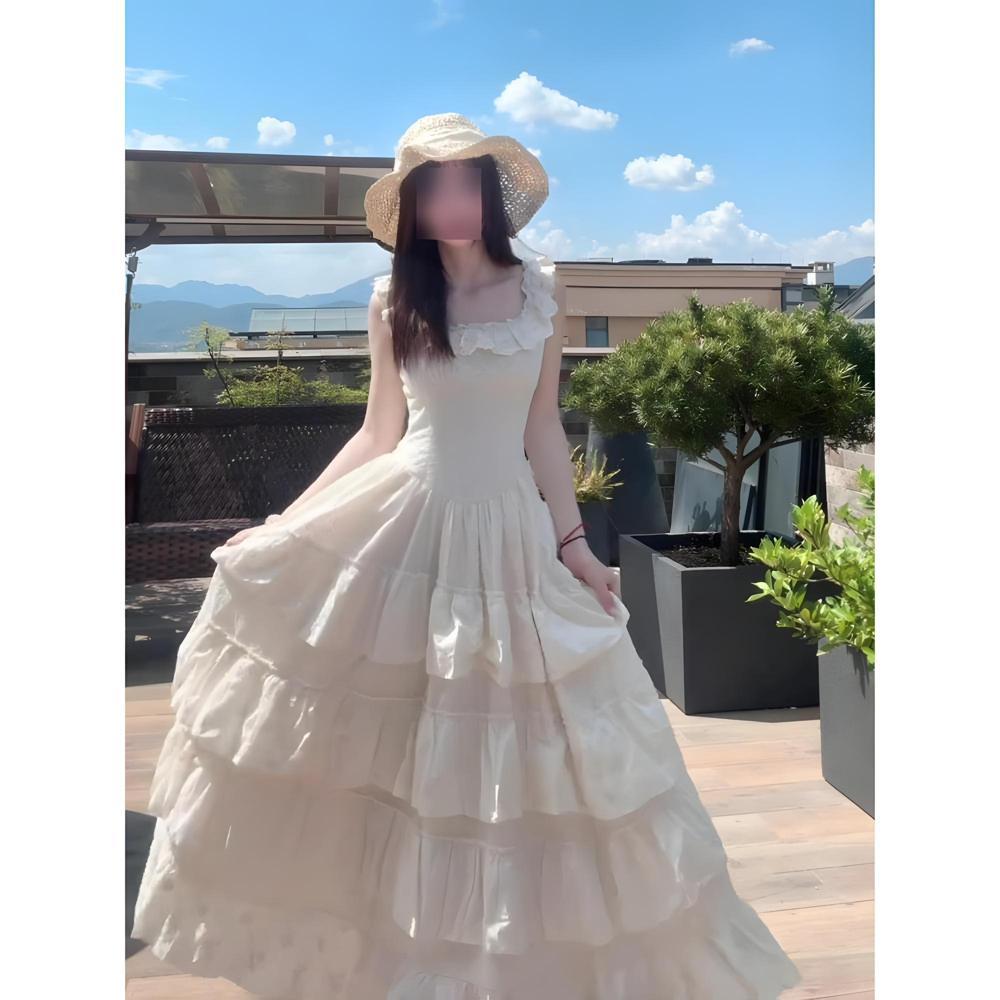 Xiaofei Sleeve Suspender Dress Women's Lace Splicing Large Skirt Waist Seaside Vacation Super Fairy Medium and Long Cake Skirt